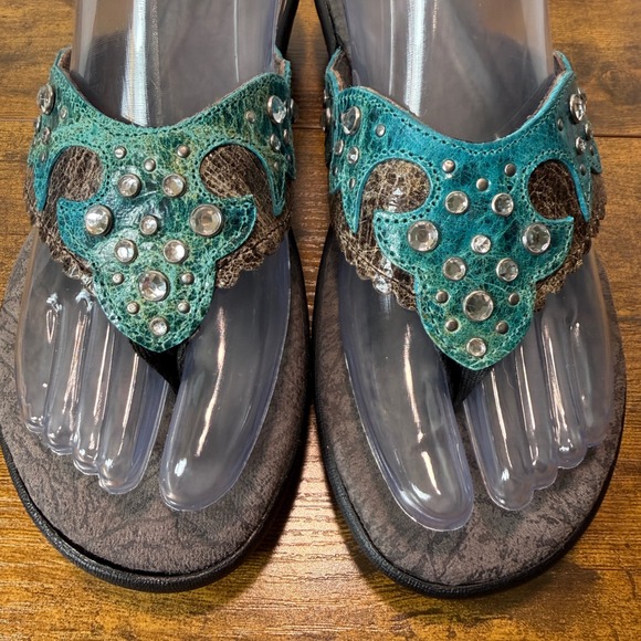 DURANGO Turquoise Rhinestone Embellished Wedge Sandals Size 9 Western Bling Boho - Picture 2 of 11